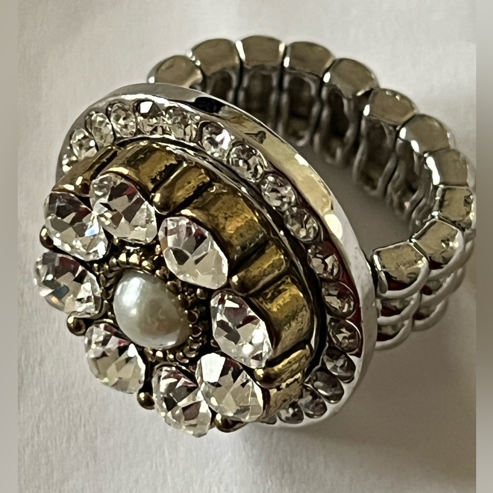 Silver and Gold Crystal Rhinestone Stretch Ring - Picture 5 of 7